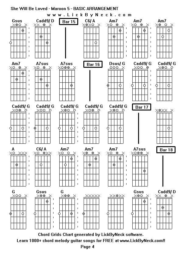 Chord Grids Chart of chord melody fingerstyle guitar song-She Will Be Loved - Maroon 5 - BASIC ARRANGEMENT,generated by LickByNeck software.